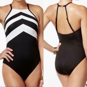 LAUREN RALPH LAUREN Chevron High Neck Logo Swimsuit One Piece